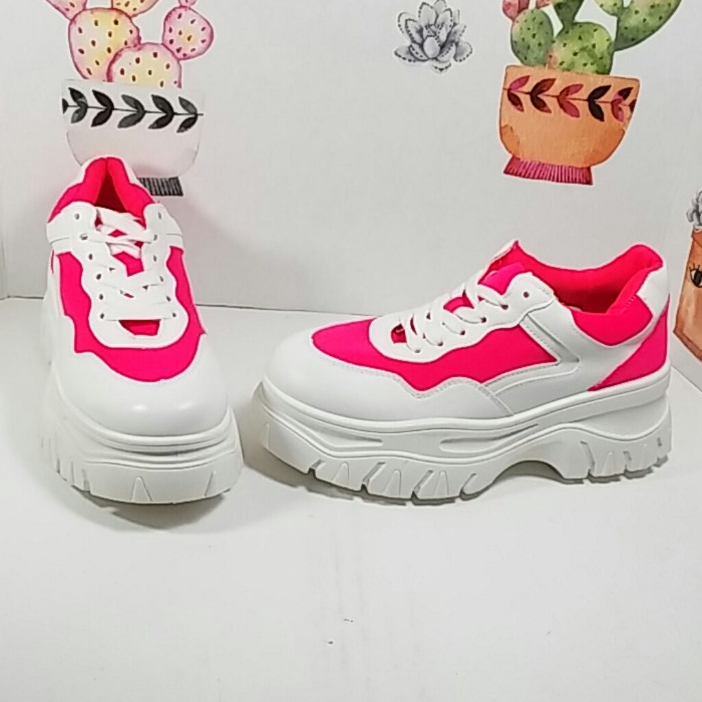 Platform Fashion Sneaker - White Upper w/ Neon Pink Panels - Lace-Up